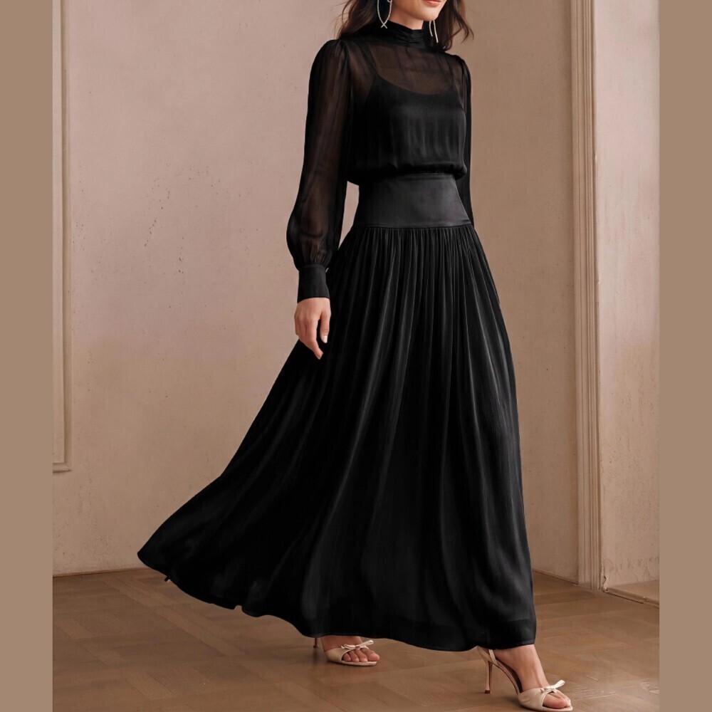 Black Sheer Sleeve Stand Collar Pleated Waist Flowy Maxi Dress